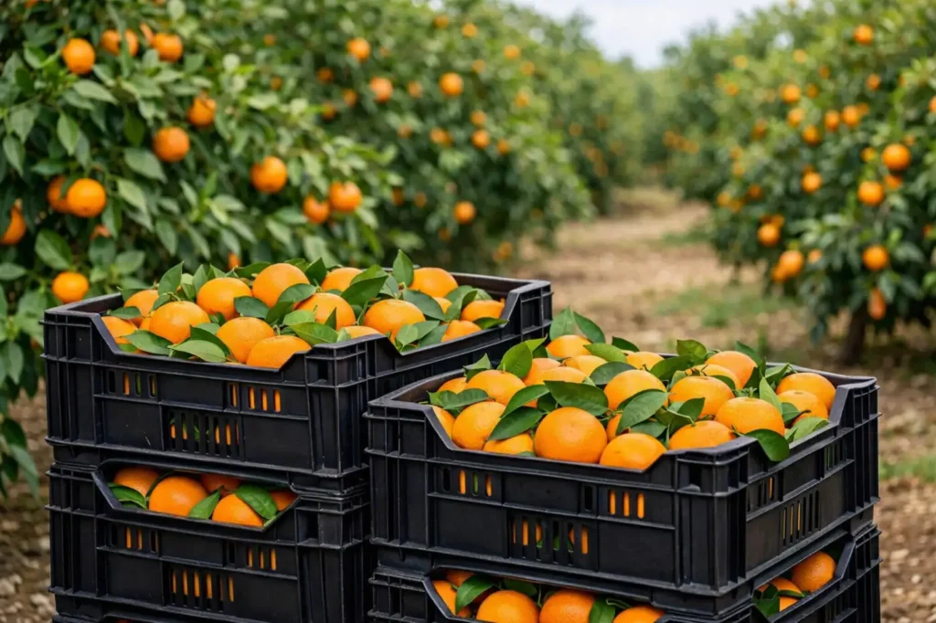 Naranja directa de campo con hoja en cajas para suministro mayorista y supermercados