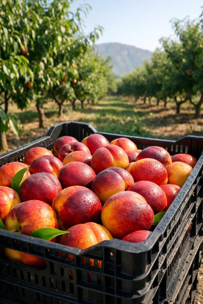 nectarinas de campo recién recolectadas en caja de plastico
